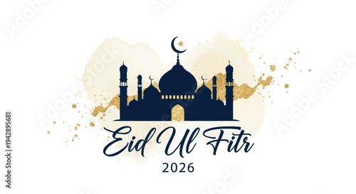 Minimalist Eid Ul Fitr 2026 Greeting Design with Navy Blue Mosque Silhouette and Golden Watercolor Splash on White Background