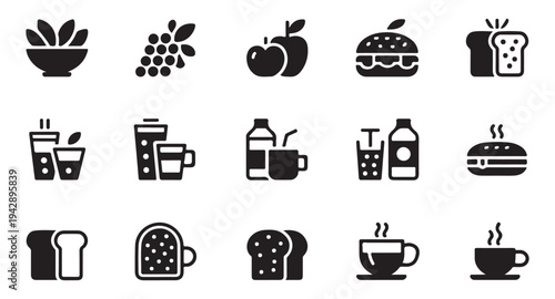 Breakfast and healthy snacks icon collection featuring fruit bread coffee and various beverage glyphs