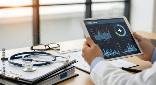 Doctor analyzing medical data on a tablet in a modern office