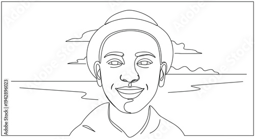 Contour line artwork of a smiling man with a hat standing near the ocean under cloudy skies on a transparent background