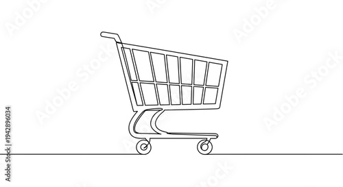 Contour line artwork of a shopping cart isolated on a transparent background, minimalistic design, black and white, simple shape, graphic representation, clear outlines, modern style
