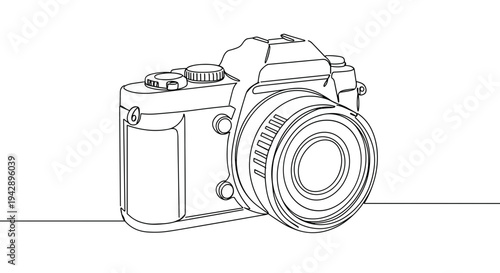 Contour line artwork of a camera with detailed lens features, side view, on a transparent background, showcasing minimalist design, photography tools theme, artistic style.