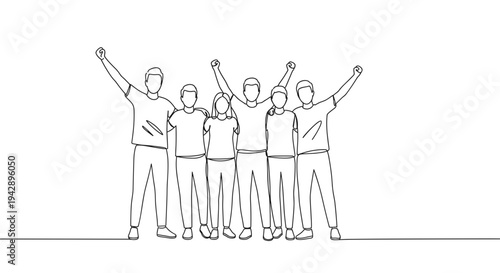 Contour line artwork of five people raising hands in celebration on a transparent background with simple outlines and no color depicting joy and enthusiasm in a minimalist style