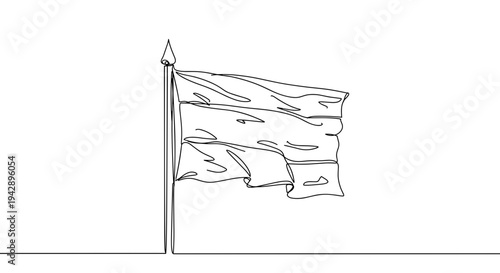 Contour line artwork of a waving flag on a transparent background with detailed lines and patterns, representing unity, freedom, and national pride in a minimalist style.