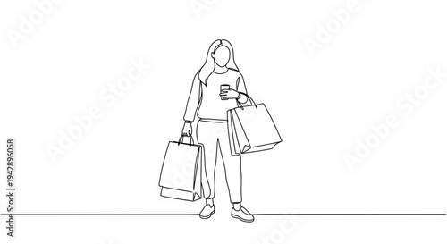 Contour line artwork of a person shopping, carrying multiple bags, in a casual outfit, on a transparent background, emphasizing the act of shopping and consumer culture.