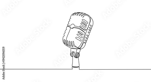 Contour line artwork of a microphone on a transparent background in black and white style with smooth curves and artistic details highlighted against simplicity.