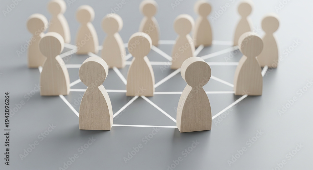 Obraz premium Wooden figures connected by white lines on light surface perfect for corporate network hierarchy and team communication