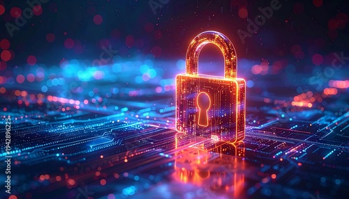Glowing digital padlock on a circuit board, symbolizing cybersecurity, data protection, and network security in a futuristic, tech-oriented concept
