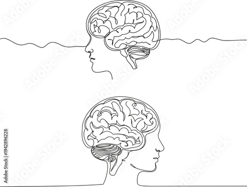 Contour line artwork of a person with a brain above water and below, showing duality of thought process in black and white on a transparent background