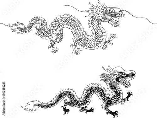Contour line artwork of a dragon breathing fire in a dynamic pose on a transparent background with intricate details showcasing scales and flowing form
