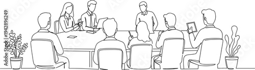 Contour line artwork of people in a meeting at a table discussing ideas and collaborating in an office environment with plants on a transparent background