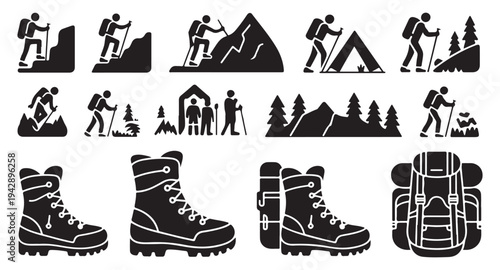 Outdoor hiking and mountaineering icons collection with tourists camping tent and professional gear