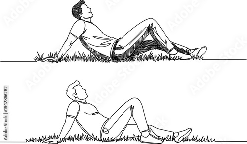 Contour line artwork of a person lying on grass in a relaxed position during daytime, with minimalist design and a focus on body shapes, isolated on a transparent background