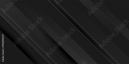 Black abstract background design. Modern wavy line pattern (guilloche curves) in monochrome colors. Premium stripe texture for banner, business backdrop. Dark horizontal vector template