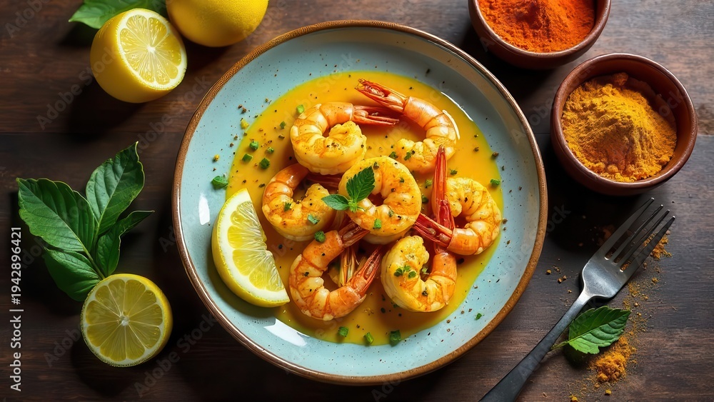 custom made wallpaper toronto digitalAromatic Shrimp in Creamy Turmeric Sauce with Lemon Garnish on Rustic Wooden Table