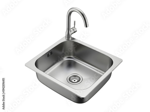 Stainless steel kitchen sink with faucet and drain isolated on transparent background transparent background