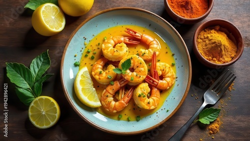 Wallpaper Mural Aromatic Shrimp in Creamy Turmeric Sauce with Lemon Garnish on Rustic Wooden Table Torontodigital.ca
