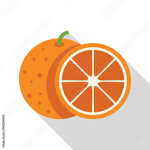 Orange fruit and a cut slice presenting a healthy food flat design illustration