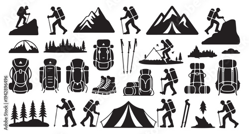 Set of black and white silhouettes of hikers, mountains, tents, and hiking gear on white background