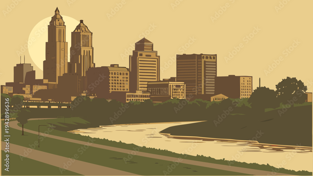 Obraz premium Stylized Urban Skyline Silhouette Over River Landscape at Sunset with Distinct Architecture and Natural Elements kansas city skyline