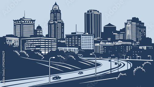 Urban Metropolis Skyline View with Freeway Curve and Commercial Building Silhouette in Duotone Style kansas city skyline