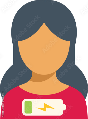 Woman showing a low battery charging on her chest symbolizing exhaustion and stress