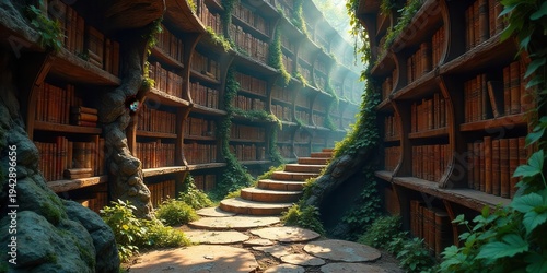 Wallpaper Mural Enchanted Stone Library Path A Serene Walk Among Ancient Books and Lush Greenery Torontodigital.ca