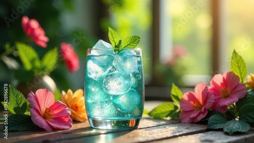 Wallpaper Mural Refreshing Teal Beverage with Ice Cubes and Mint Garnish, Adorned by Vibrant Pink and Orange Blossoms on Rustic Wooden Surface in Sunny Garden Setting Torontodigital.ca