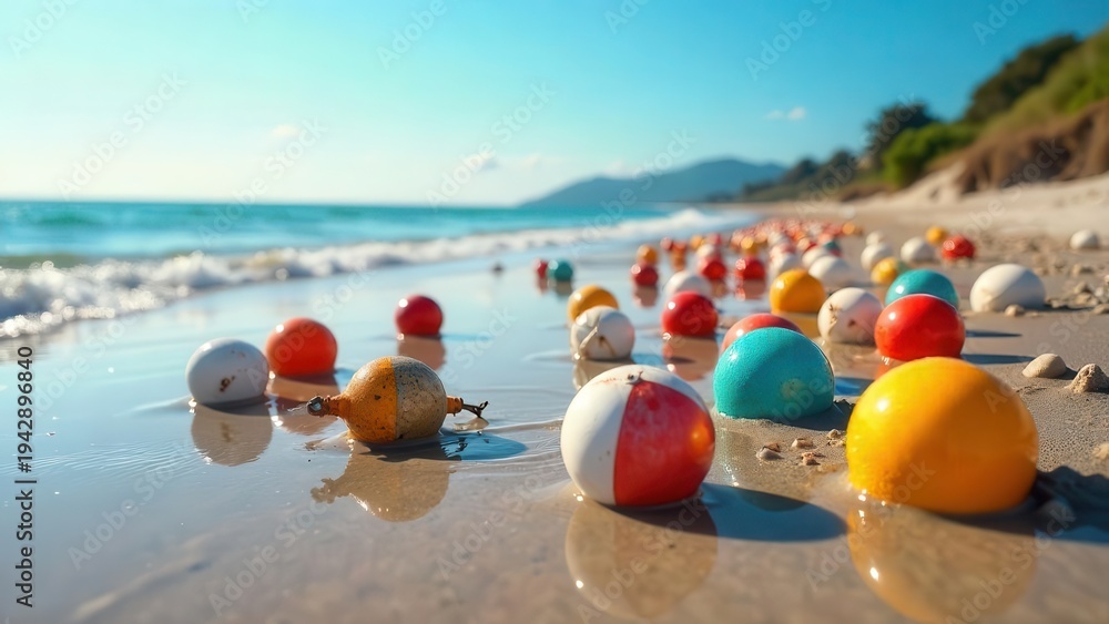 custom made wallpaper toronto digitalColorful buoyant spheres scattered along a sunlit shoreline, gently resting in the wet sand near the ocean's edge.