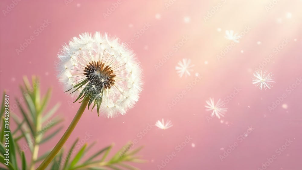 custom made wallpaper toronto digitalA delicate dandelion seed head gracefully disperses its seeds on a soft pink background, a gentle breeze carrying the wispy plumes into the warm light.