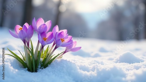 Wallpaper Mural Delicate purple crocuses emerge from a blanket of pristine snow, a breathtaking symbol of spring's imminent arrival amidst winter's lingering embrace. Torontodigital.ca
