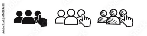 Selection and target group icon set. Hand cursor pointing at one person in a group, in solid, outline, and doodle style.