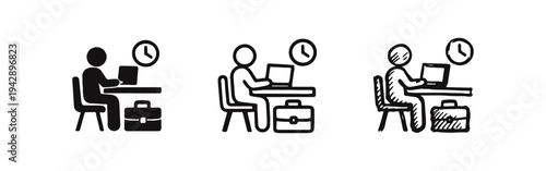 Person working at a desk with a laptop, briefcase, and clock icon, illustrating office work and time management.