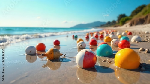 Wallpaper Mural Colorful buoyant spheres scattered along a sunlit shoreline, gently resting in the wet sand near the ocean's edge. Torontodigital.ca