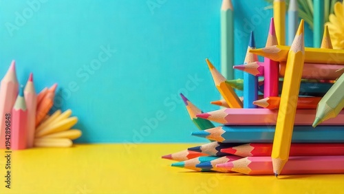 Wallpaper Mural A vibrant collection of colorful pencils arranged artfully on a yellow surface against a bright blue backdrop, suggesting creativity and artistic expression Torontodigital.ca