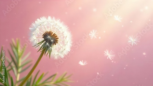 Wallpaper Mural A delicate dandelion seed head gracefully disperses its seeds on a soft pink background, a gentle breeze carrying the wispy plumes into the warm light. Torontodigital.ca