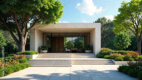 Wallpaper Mural Modern Minimalist House Entrance with Lush Landscaping and Stone Steps Torontodigital.ca