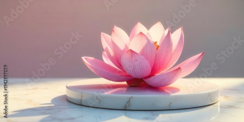 Wallpaper Mural A serene pink lotus blossom rests delicately on a smooth, polished marble pedestal, bathed in soft, warm light. Torontodigital.ca