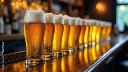 Wallpaper Mural A Row of Frothy Golden Beers on a Polished Bartop, Ready for Consumption Torontodigital.ca