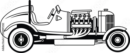 Detailed Black and White Vintage Race Car Illustration with Exposed Engine.