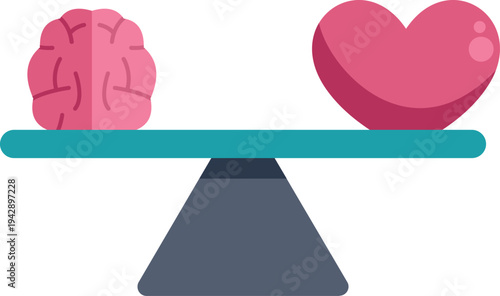 Brain and heart balancing perfectly on a seesaw, representing a harmony of logic and emotion