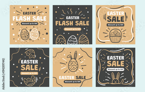 Six easter sale social media post templates with egg illustrations