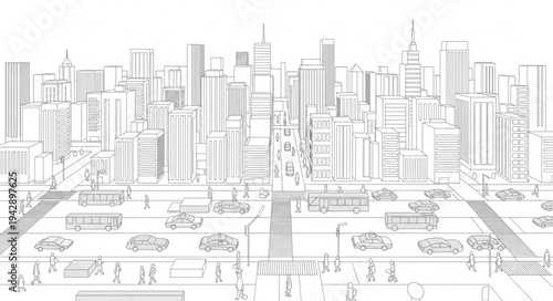 Sketch of a Modern City Skyline with Busy Streets Below.