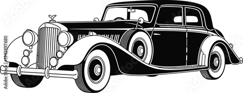 Elegant Black and White Vintage Classic Car Illustration with Detailed Features.