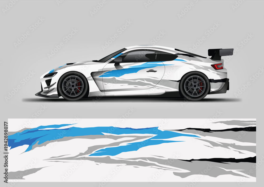 Naklejka premium Abstract grunge white blue stripe racing car wrap design. Vector wrap template for vehicle graphics.