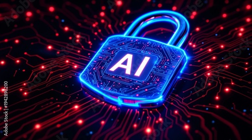Futuristic AI padlock symbolizing artificial intelligence security and advanced technology, representing data protection and cyber defense in the digital age