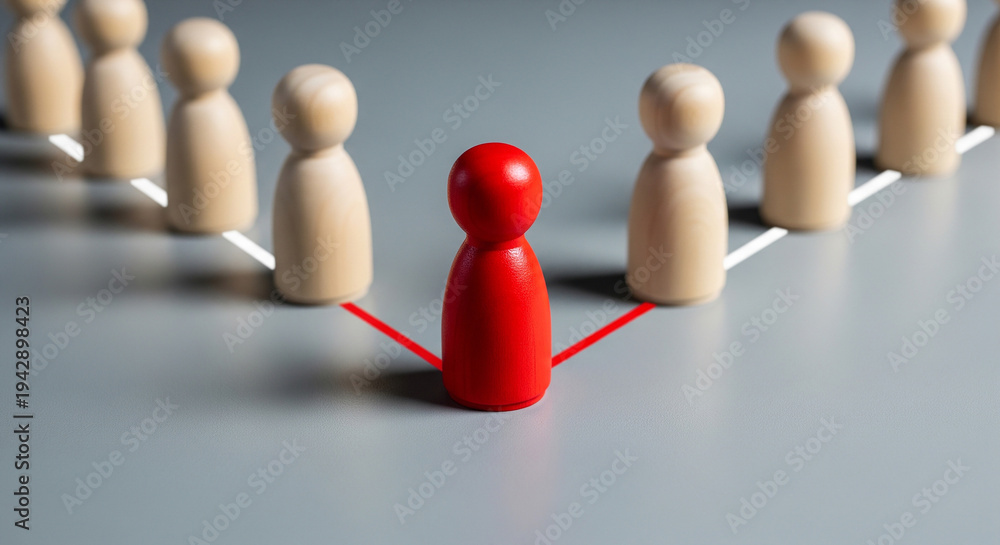 Obraz premium Red wooden figure connected to others perfect for strong business leadership and corporate team management structure