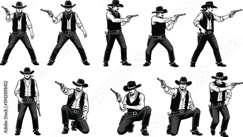 Cowboy silhouette illustration set, Western character artwork, gunslinger vector design, bold graphic icon, black white frontier symbol