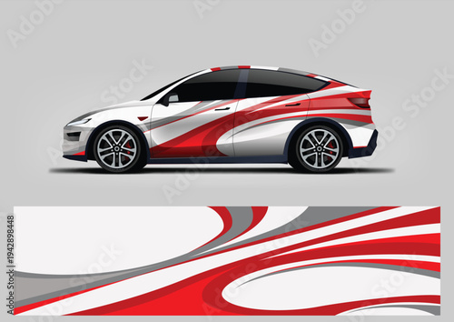 Abstract red wave stripe racing car wrap design. Vector wrap template for vehicle graphics.