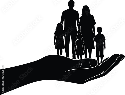 Family protection silhouette illustration, caring support artwork, unity safety vector design, social responsibility graphic icon, black white symbol